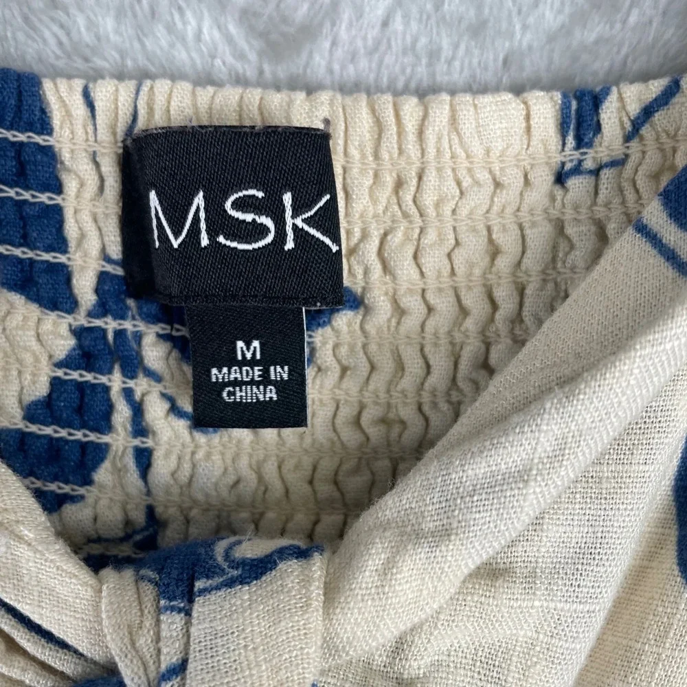 MSK Blue Tropical Leaf Print Tiered Maxi Dress Linen Blend Tie Front Pockets M - Picture 3 of 9